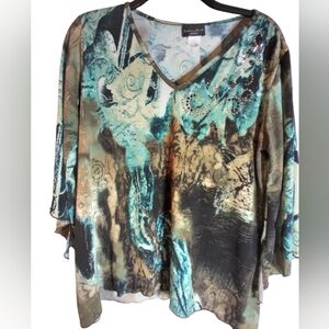 Brittany Black Petite Womens V Neck Top Size XL Stud Accent Acymetrical Hem